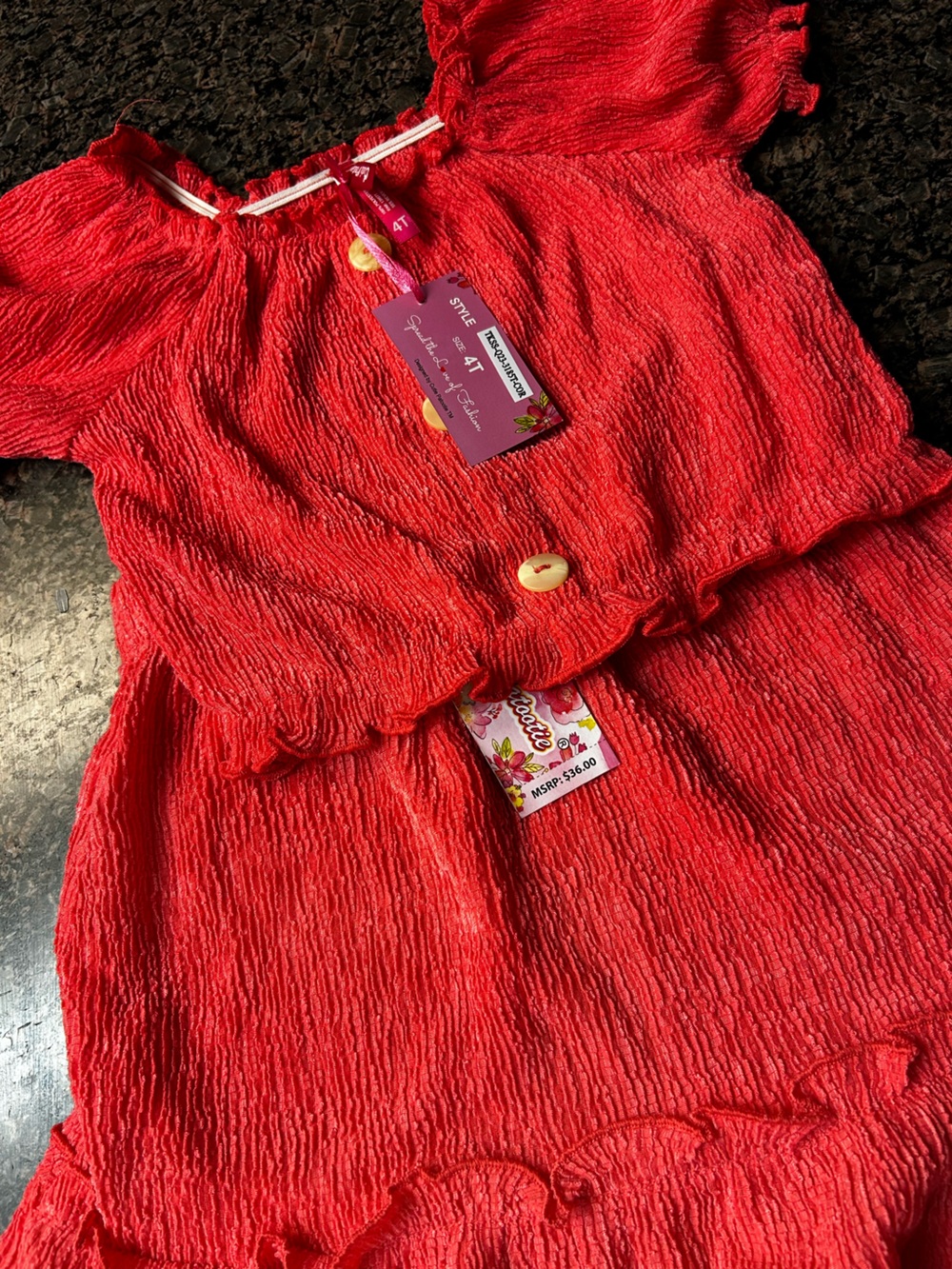 Kids Matching Set - Bright Red Crinkled Top & Skirt